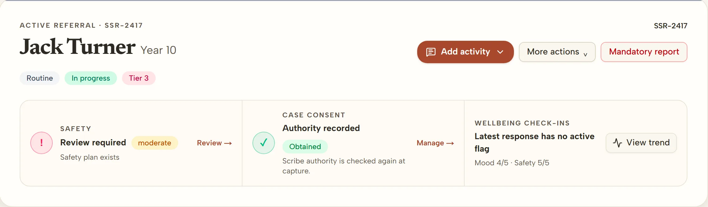A student's case header in Descant with the Mandatory report action beside the safety review and consent panels