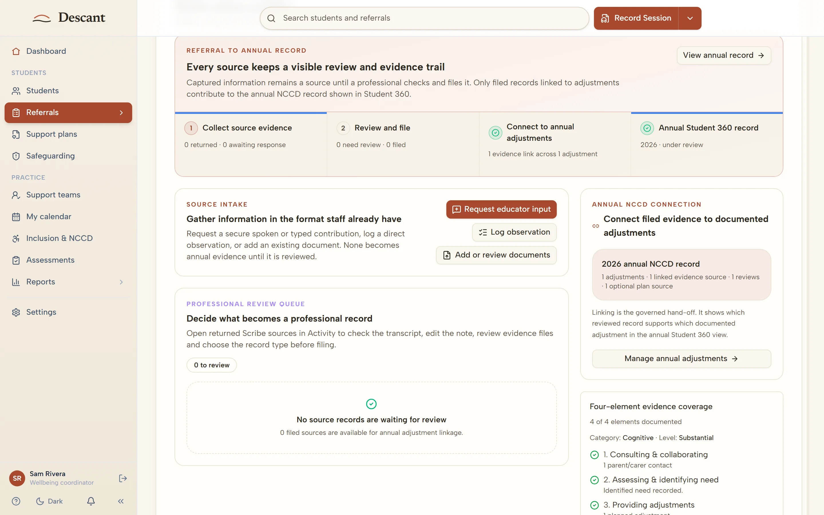 Descant's NCCD evidence workflow: collect, review and file, connect to annual adjustments, and four-element evidence coverage