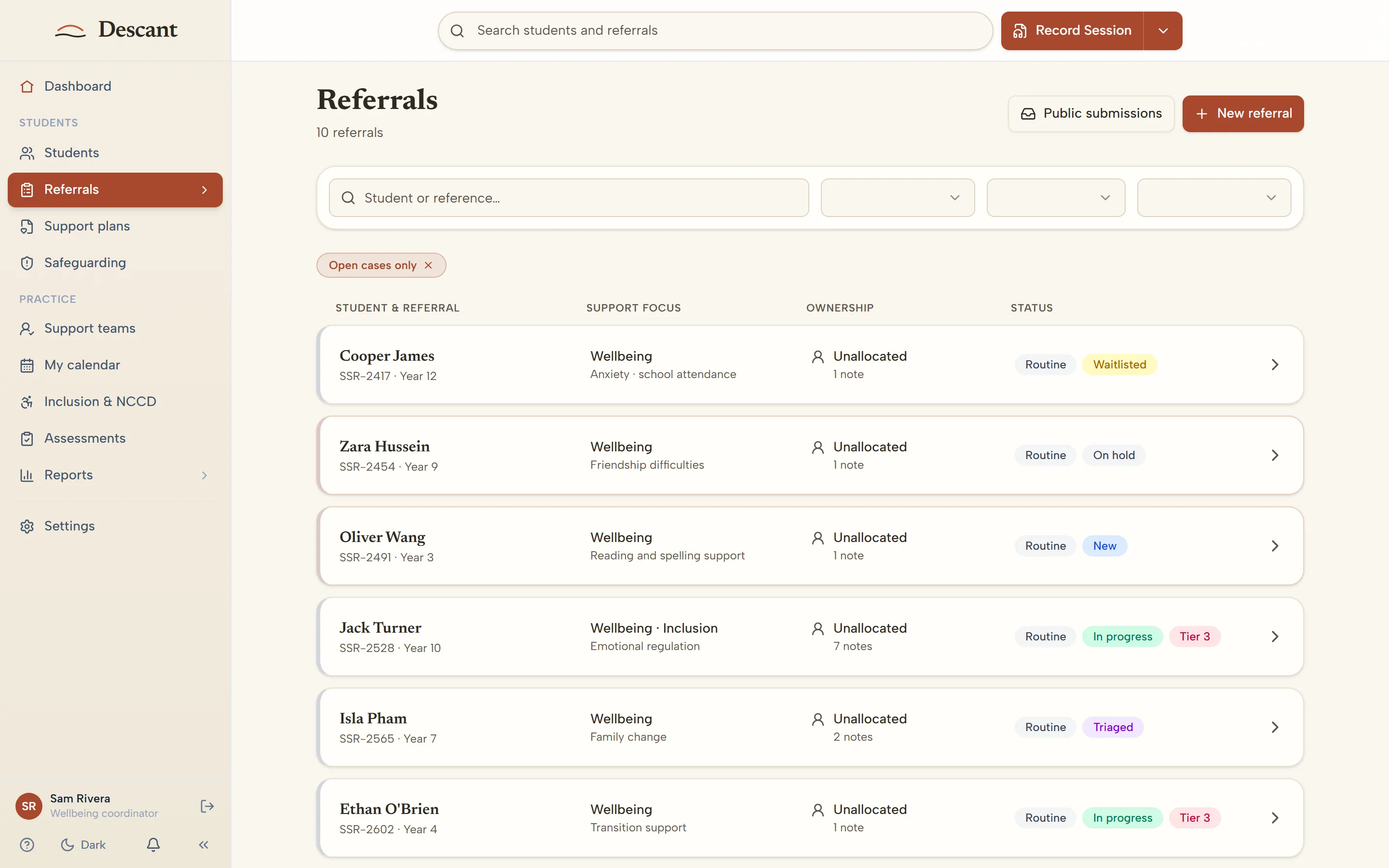 Descant referrals list: each student referral with its support focus, owner and status